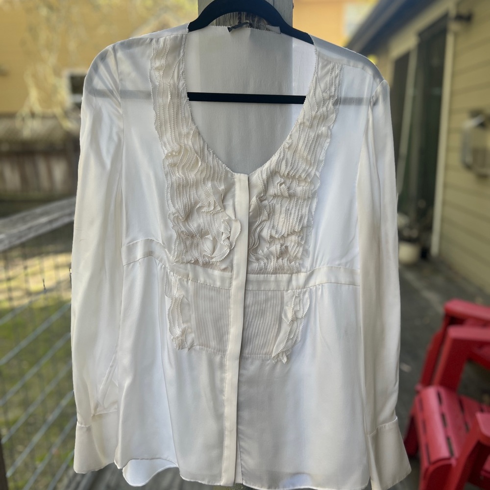 Elegant White Women's Top 90s Givenchy Silk Ruffle Shirt White Size 42